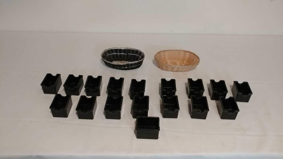 (2) WICKER BASKETS AND (17) SMALL CONTAINERS