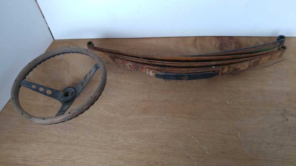 VINTAGE LEAF SPRING AND STEERING WHEEL
