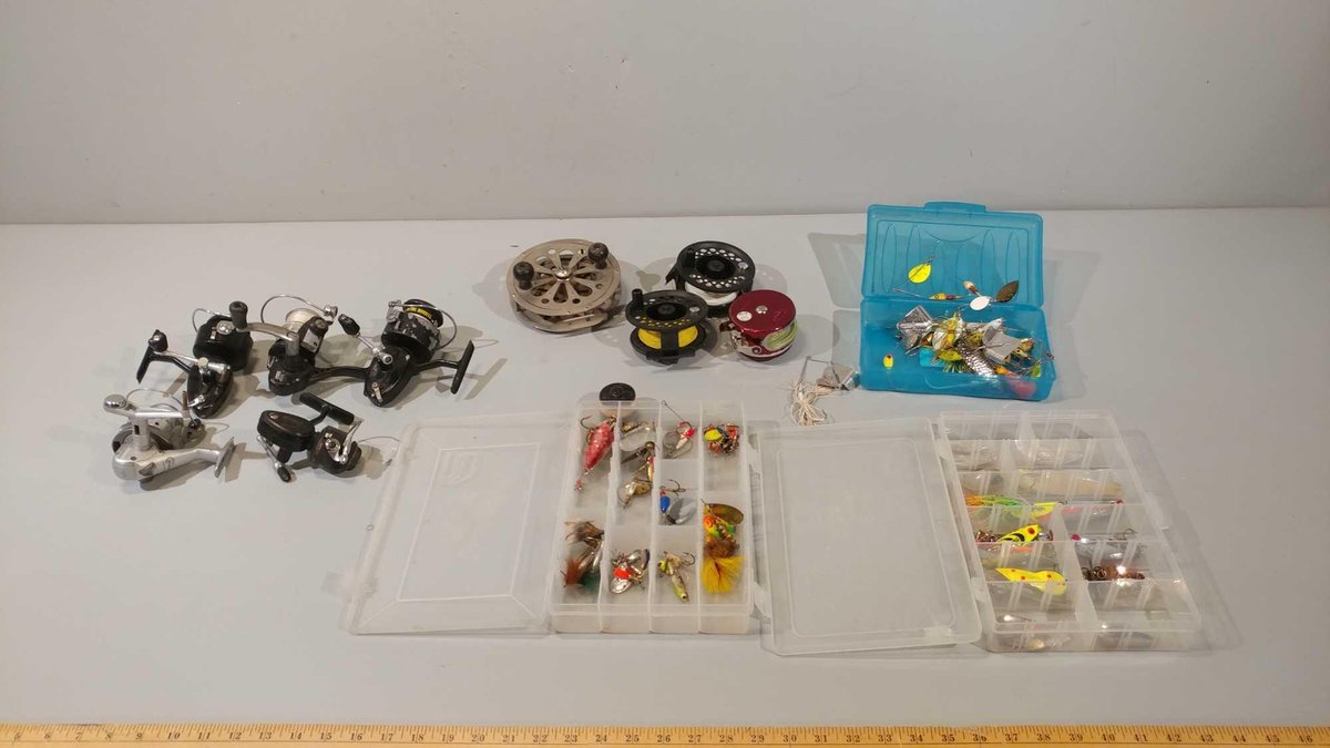PFLUEGER FLY FISHING REEL, ASSORTMENT OF SPINNING AND FLY FISHING REELS, AND BUZZBAITS