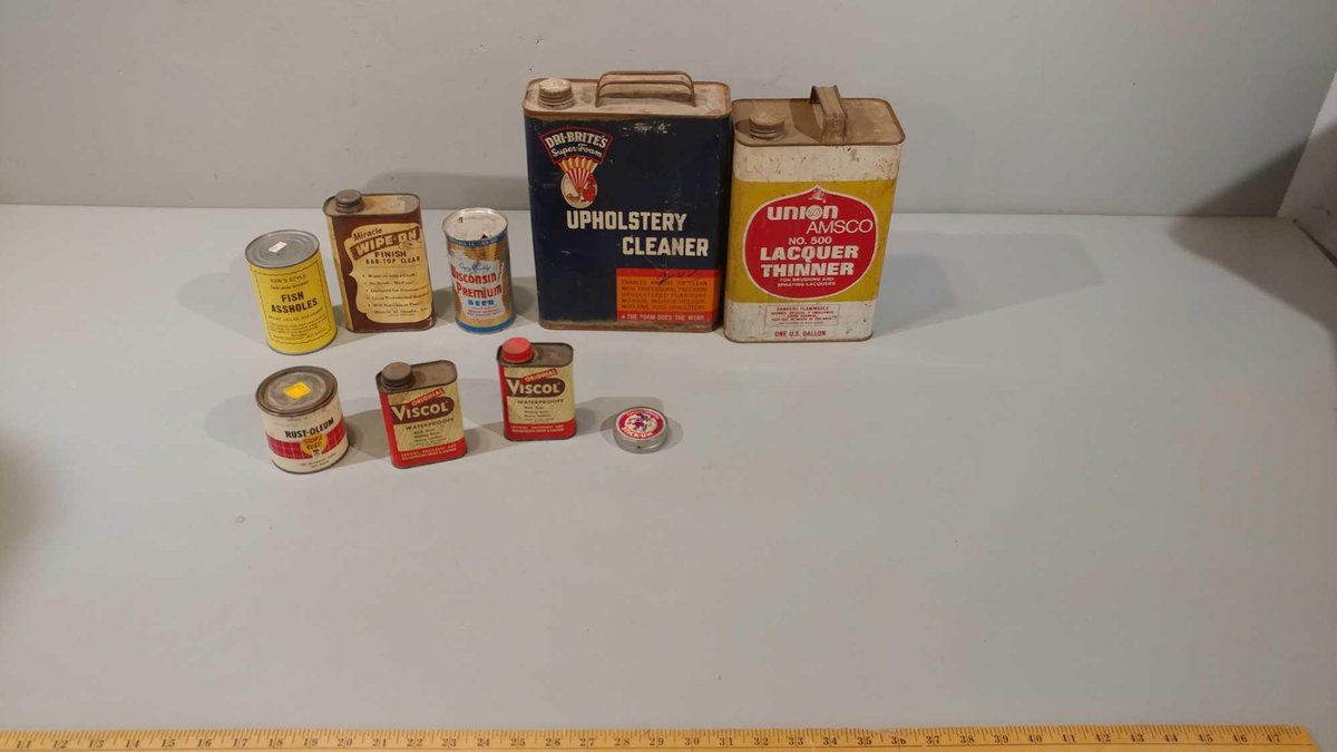 ASSORTMENT OF METAL CANS, LACQUER THINNER, WATERPROOFING, AND OTHER MISC CANS