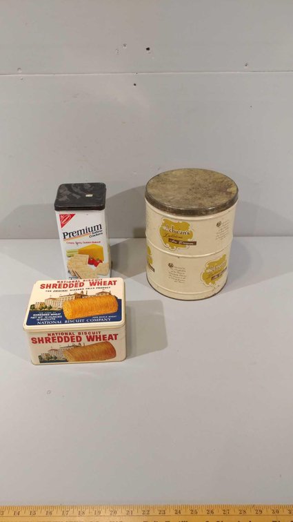 (3) METAL CANS, SALTINE CRACKERS, SCHWAN'S ICE CREAM, SHREDDED WHEAT CANS