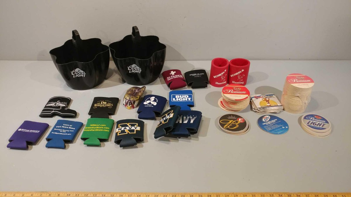 ASSORTMENT OF CAN COOLERS, BEER BUCKETS, AND COASTERS