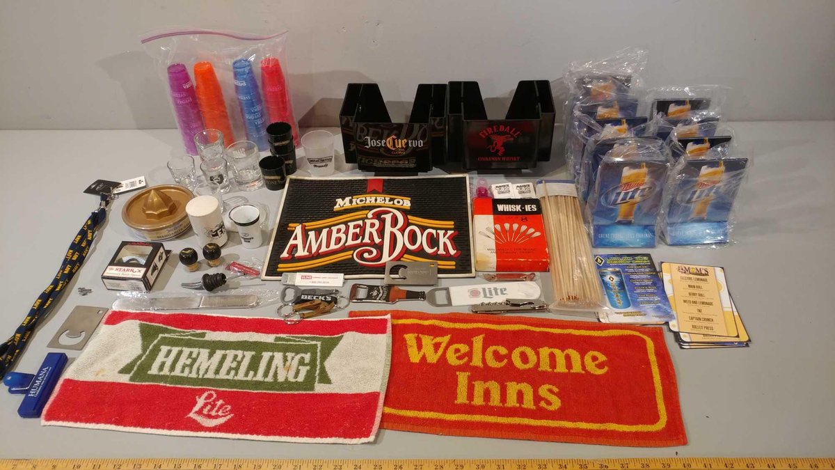 BAR MAT, ASSORTMENT OF SHOT GLASSES, MILLER LITE MENU HOLDERS, KEBAB SKEWERS, AND OTHER MISC ITEMS