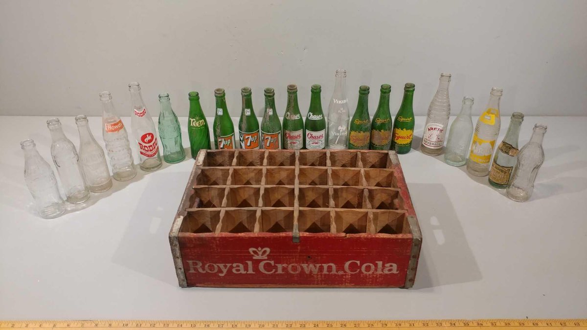 ASSORTMENT OF VINTAGE GLASS SODA BOTTLES WITH ORGANIZER
