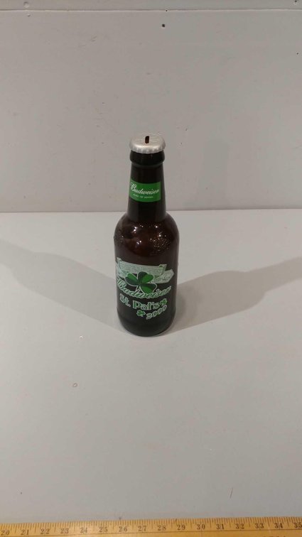 ST. PATRICK'S DAY BUDWEISER GLASS BOTTLE MONEY BANK
