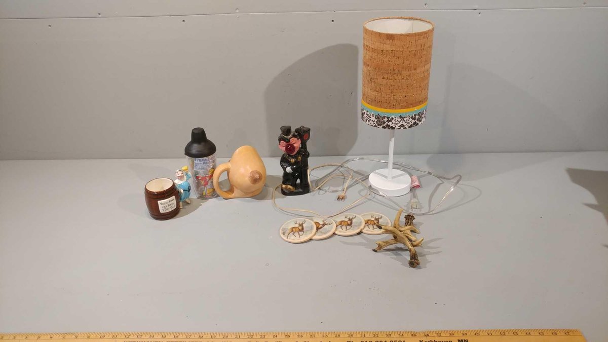 SMALL DESK LAMP, DECORATIVE CHARACTER LAMP, MIXING/SHAKER BOTTLE, AND OTHER DECORATIVE PIECES
