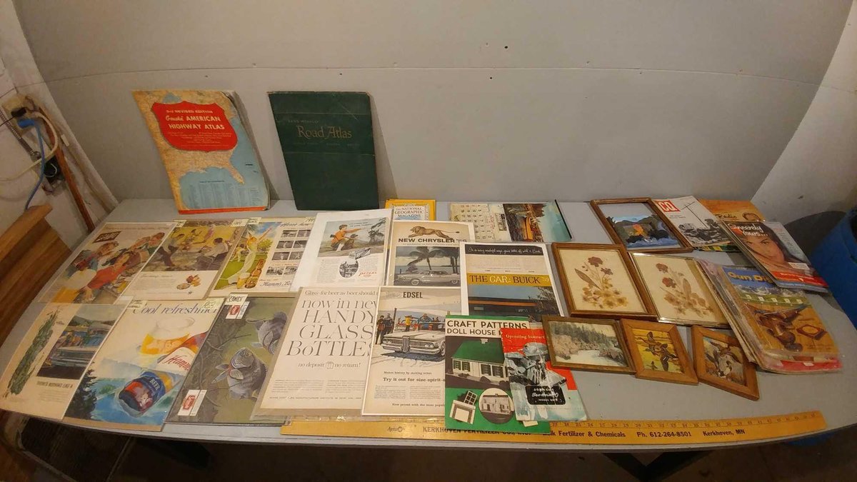 ASSORTMENT OF ATLASES, PICTURES IN FRAMES, AND OTHER MISC MAGAZINES/CATALOGS