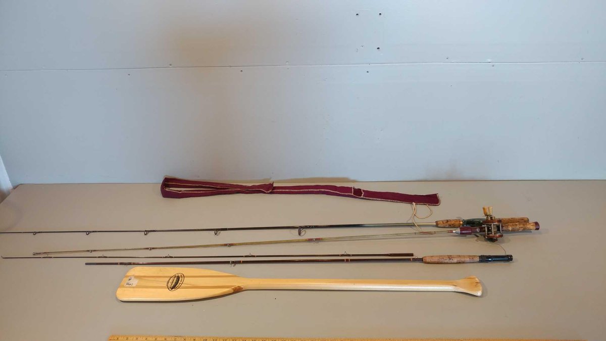 VINTAGE CASTING ROD AND REEL, FISHING ROD, AND A VINTAGE SPORT KING 2 PIECE CASTING ROD