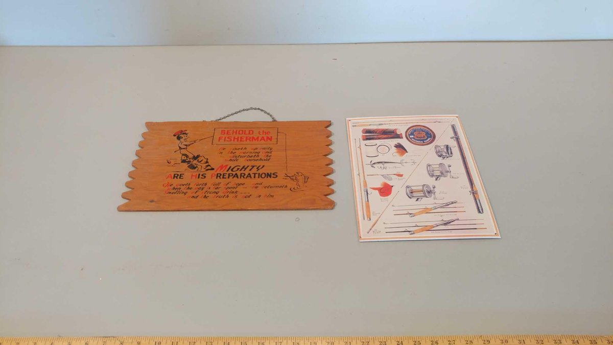 "BEHOLD THE FISHERMAN" SIGN AND VINTAGE FISHING TACKLE SIGN