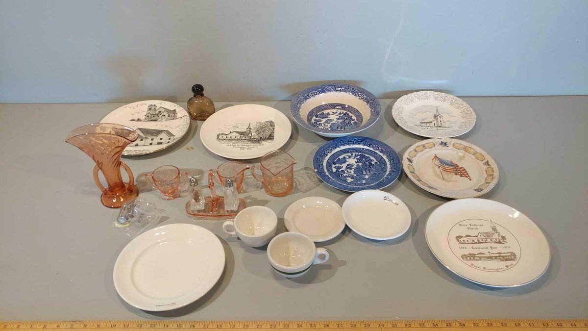 SET OF ANTIQUE PINK GLASSWARE, PLATES, AND OTHER KITCHENWARE