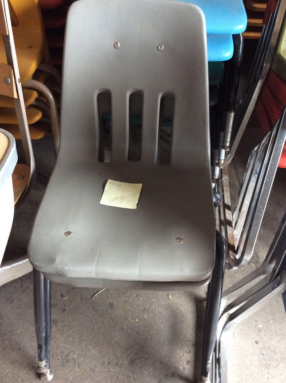 (CF02) (2) GREY ELEMENTRY CHAIRS (ONE NEEDS REPAIR) 