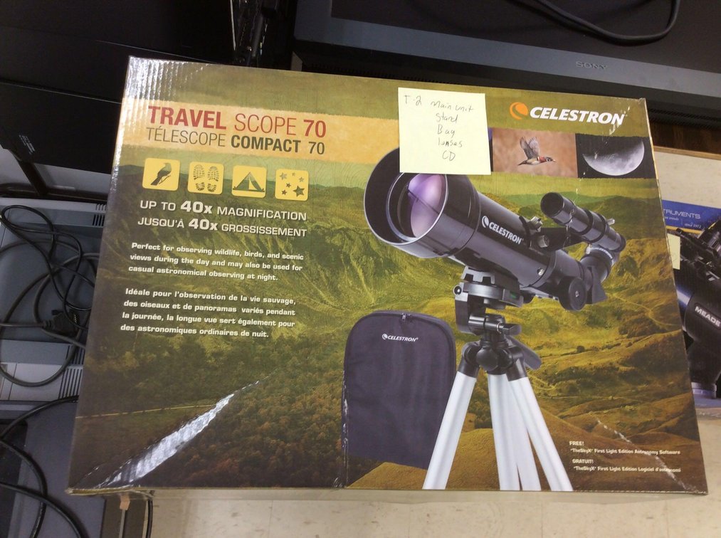 (T4) TRAVEL SCOPE 70, MAIN UNIT, STAND, BAG, LENSES, DISC, APPEARS TO BE NEW