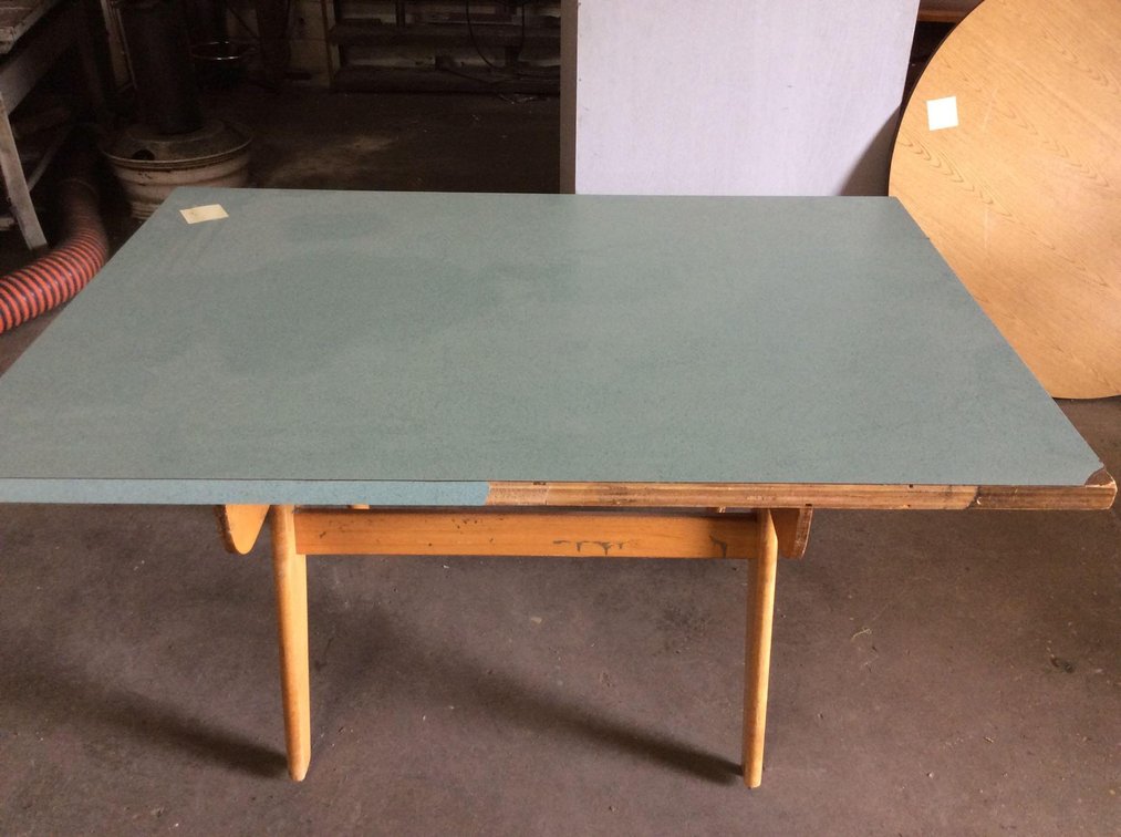 (CF24) BLUE TOP WOODEN TABLE, W58.5xH41xD31, SIDING NEEDS REPAIR