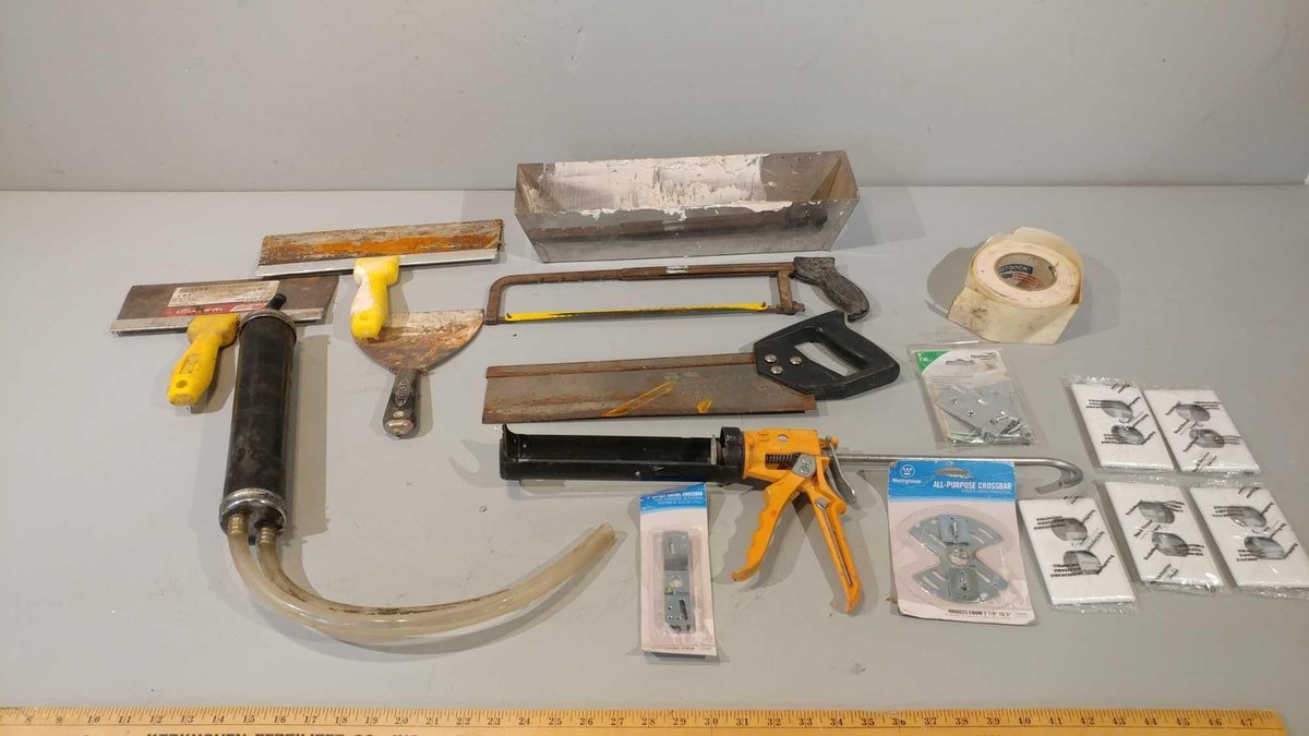 (I-445) DRYWALL TOOLS, CAULK GUN, GREASE GUN, (2) HACK SAWS, OUTLET COVERS, AND MORE