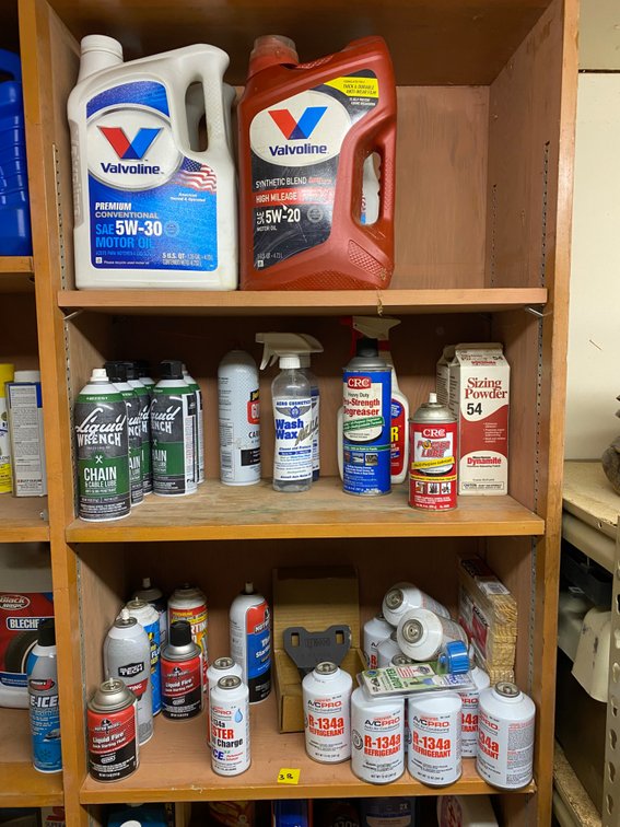 ASSORTMENT OF OIL, R-34, BRAKE CLEANER, AND MISC