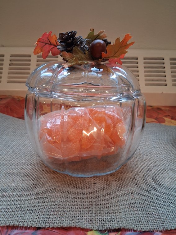 GLASS PUMPKIN JAR AND CANDY