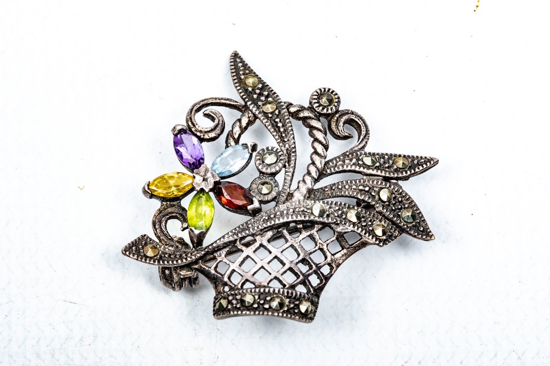 Marked .925 Basket Brooch w/ Gemstones & ...