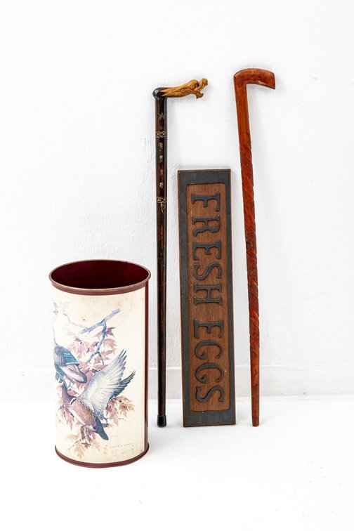 Umbrella Holder, 2 Walking Canes, & Kitchen Sign