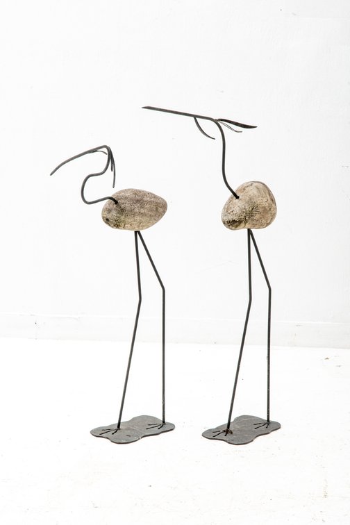 2 Stone Cranes Metal Garden Art