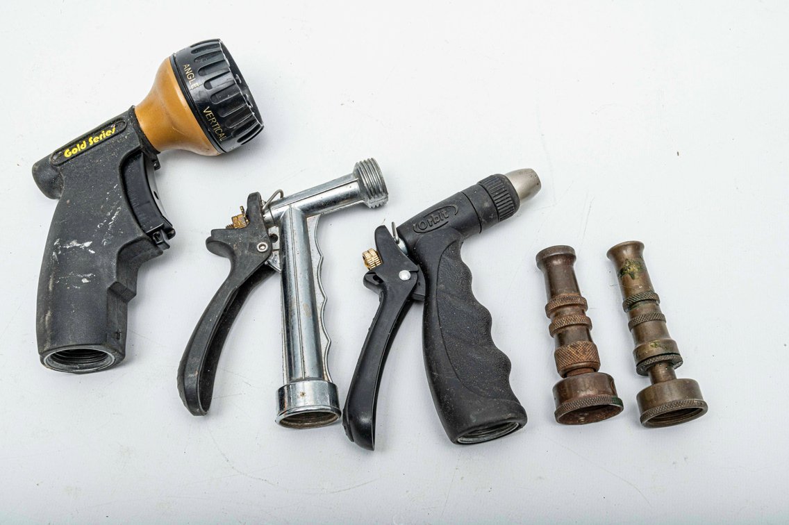5 Various Garden Hose Spray Nozzles, 2 Brass
