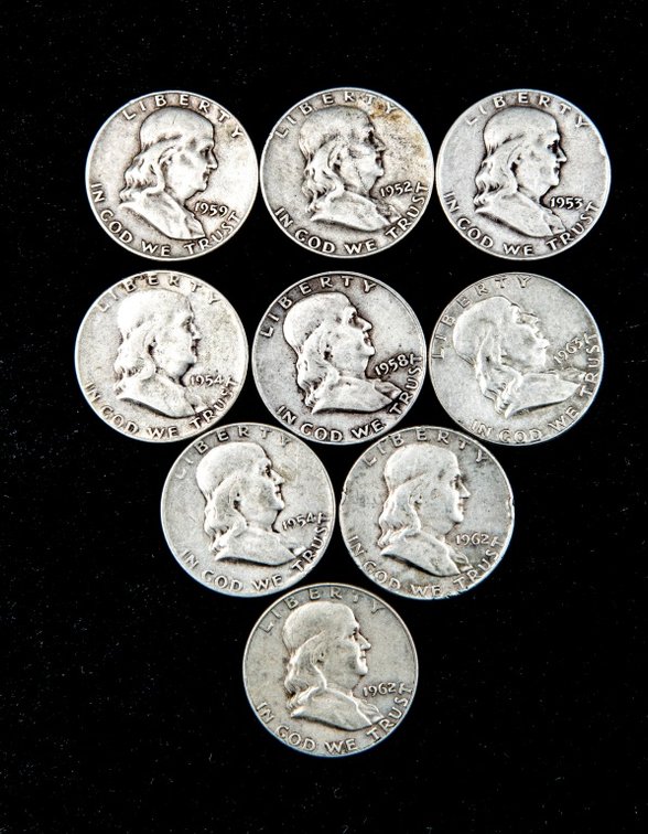 9 x Franklin Half Dollars