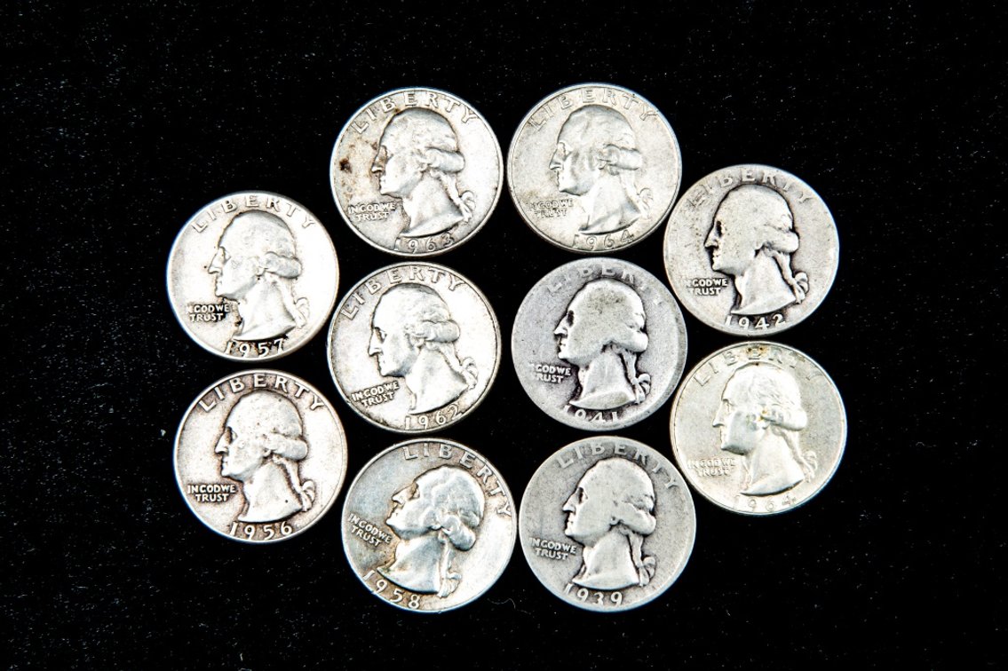 10 x Washington Silver Quarters