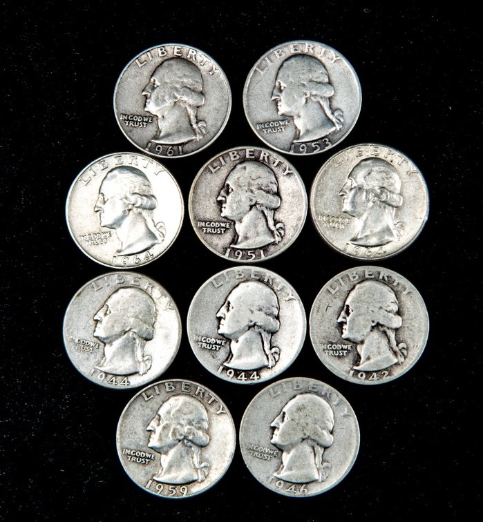 10 x Washington Silver Quarters