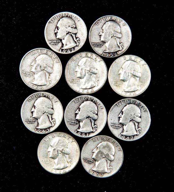 10 x Washington Silver Quarters