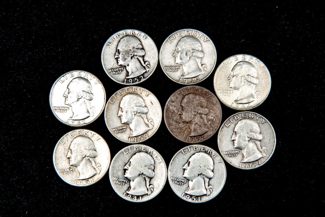 10 x Washington Silver Quarters