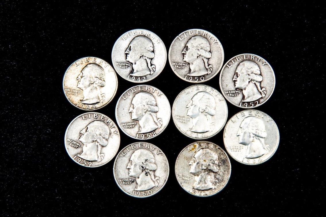 10 x Washington Silver Quarters