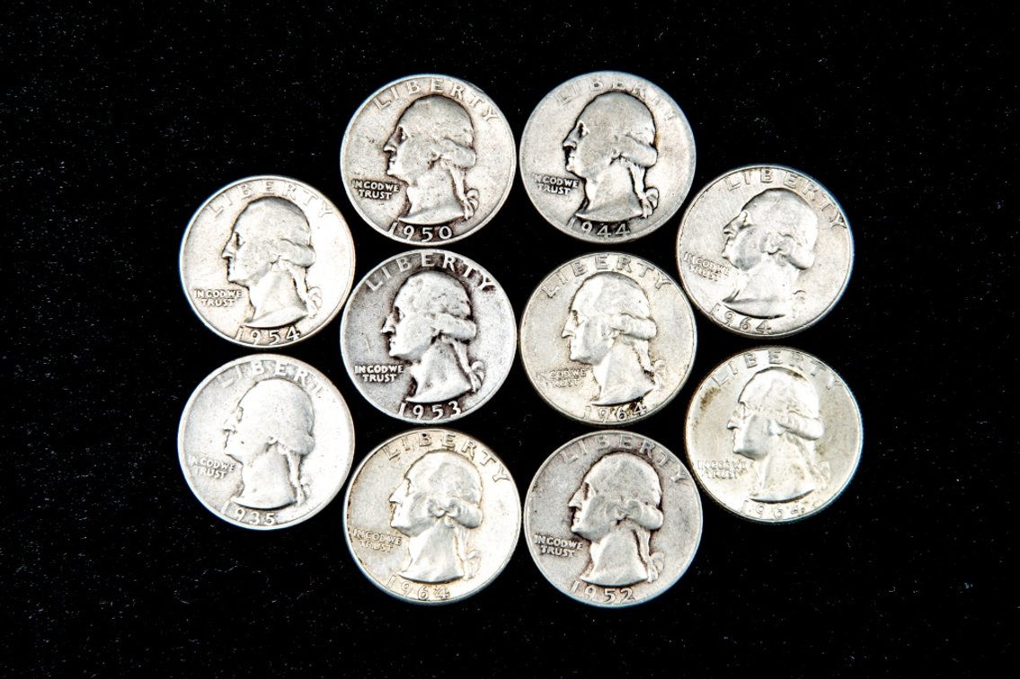10 x Washington Silver Quarters