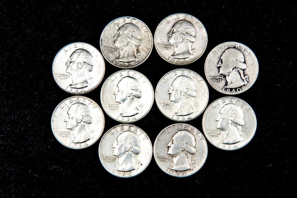 10 x Washington Silver Quarters