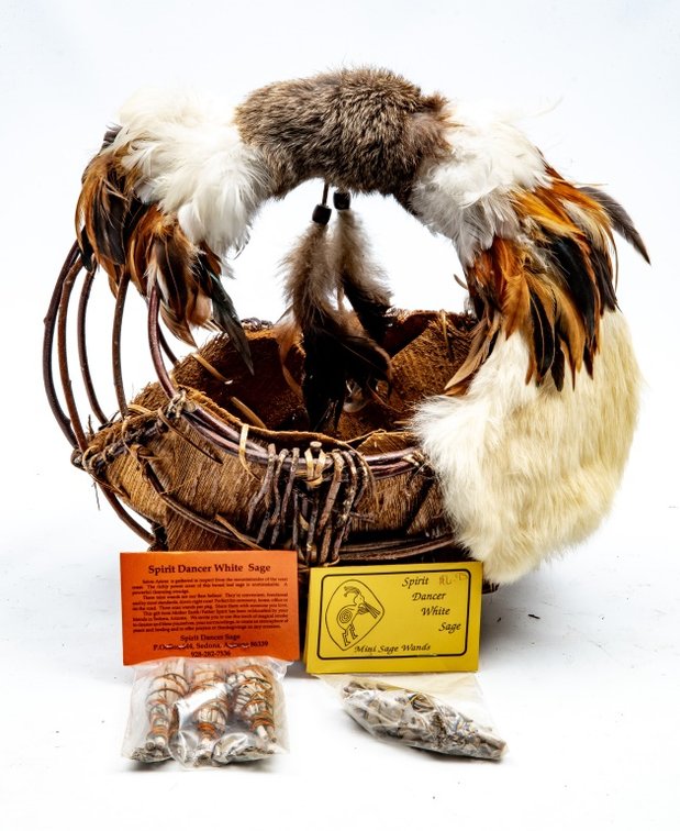Twig & Husk Basket w/ Rabbit Fur & Feathers