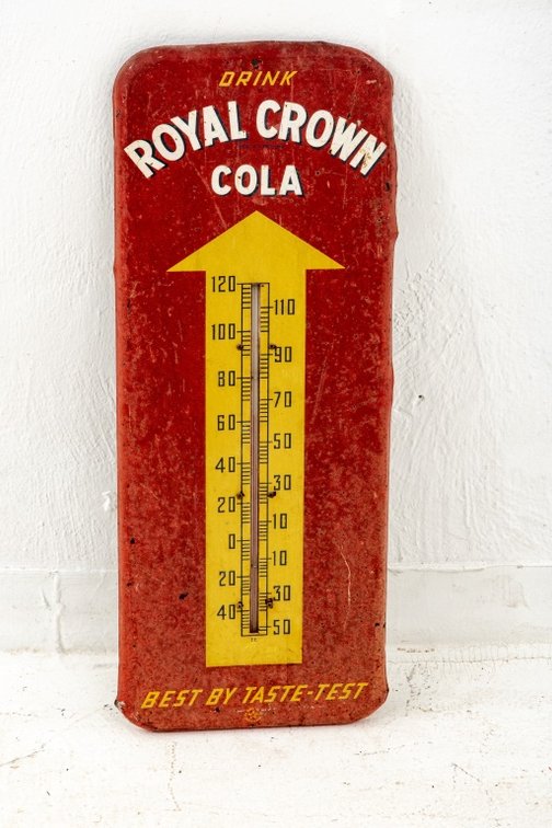 1950's Royal Crown Cola Tin Thermometer w/ Arrow
