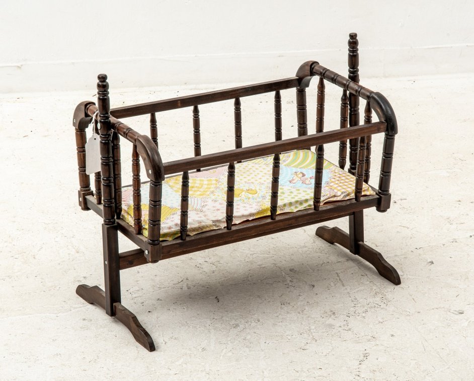 Vintage Wooden Rocking Doll Cradle w/ Bedding