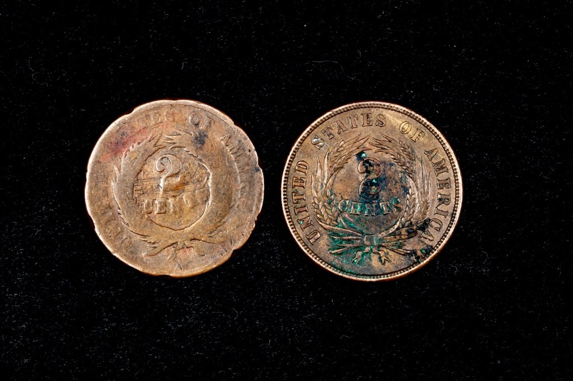 2 x 1865 Civil War Era 2 Cent pieces