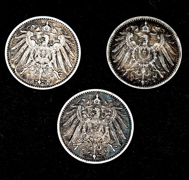 1903D, 1904F,04G German Empire 1 Mark Silver Coins