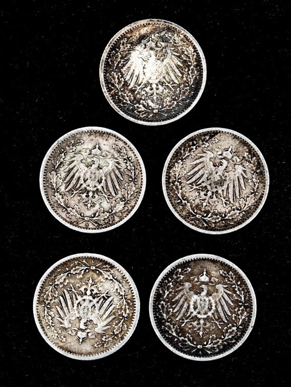5 x German Empire 1/2 Mark Silver Coins