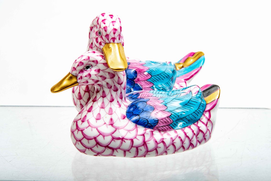 Herend Pink Fishnet Porcelain 24K Loving Ducks