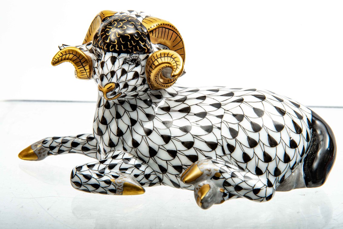 Herend Black Fishnet Porcelain 24K Resting Ram