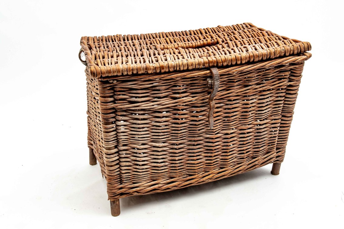 XL Antique Woven Footed Fish Basket Leather Straps