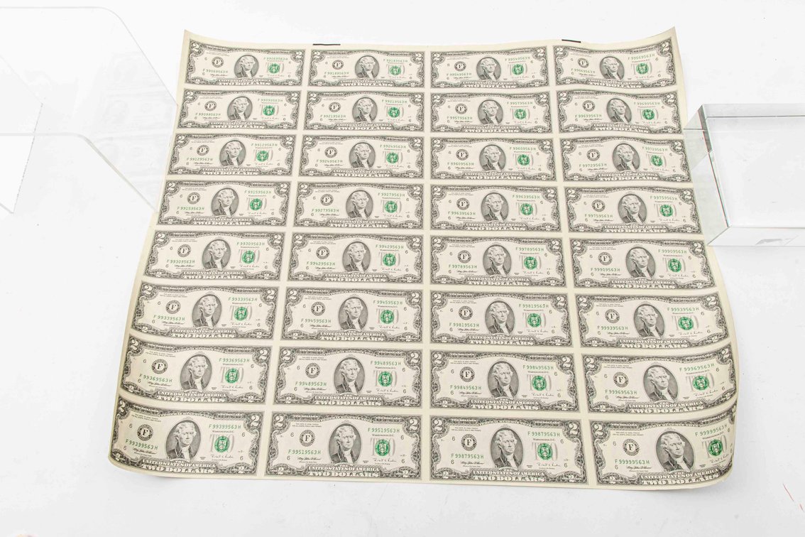 Uncut Sheet of $2 Bills-1995 Series- 32 Bills