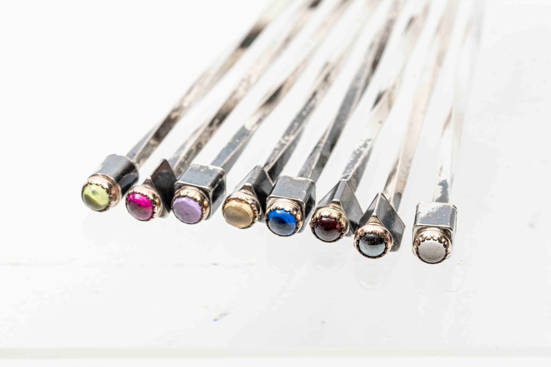 Set of 8 Sterling Olive Picks- Gemstone Topped