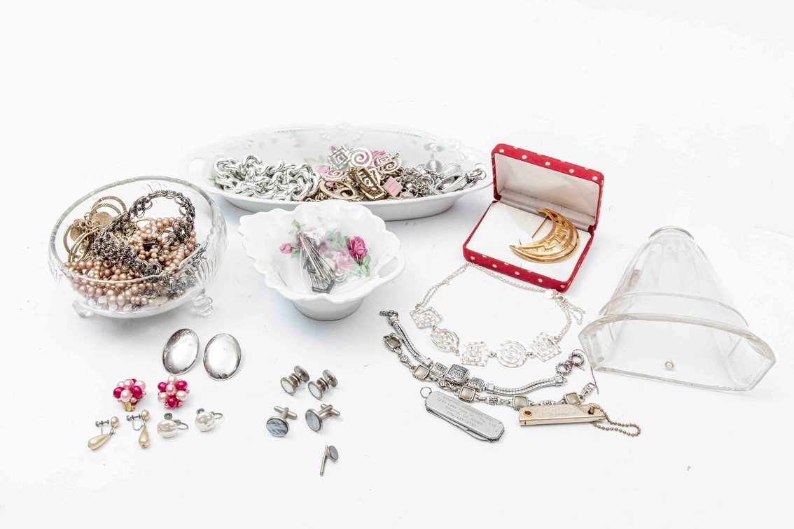 Jewelry, Porcelain Dishes, Glass Wall Pocket & More