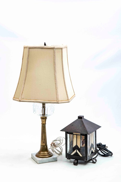 Slag Glass Lantern & Stone Base Table Lamp