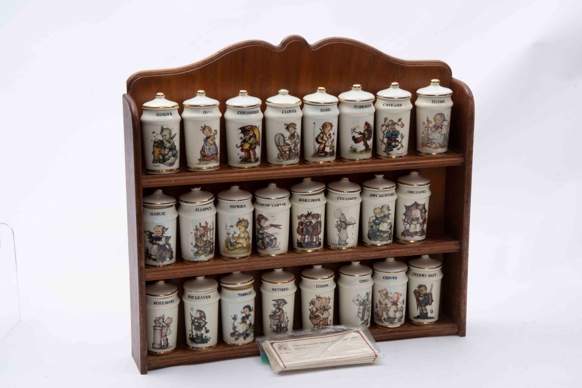 1987 MJ Hummel Gold Trim Porcelain Spice Jars Rack