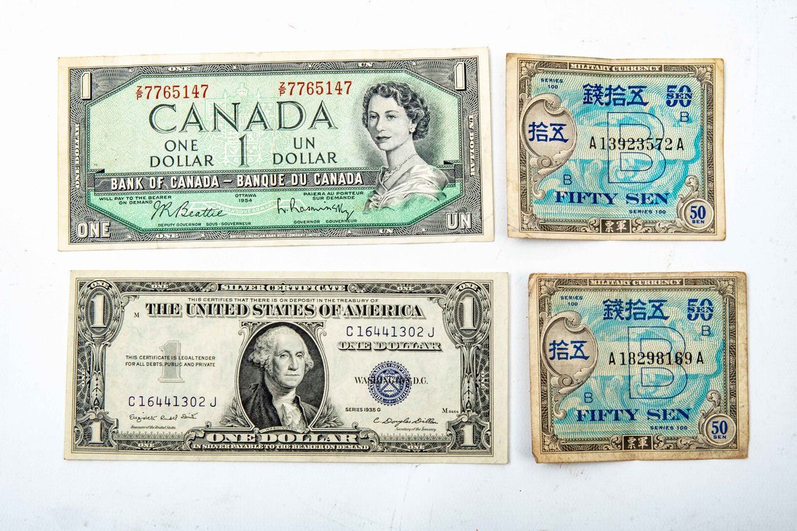 $1 US Silver Cert., $1 Can., and US Milt.-50 Sen