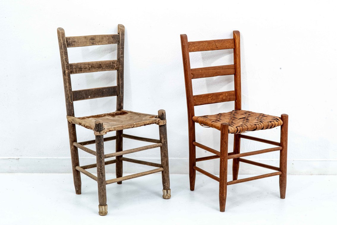 2 Ant. Ladder Back Chairs- Hide & Split Oak Seats