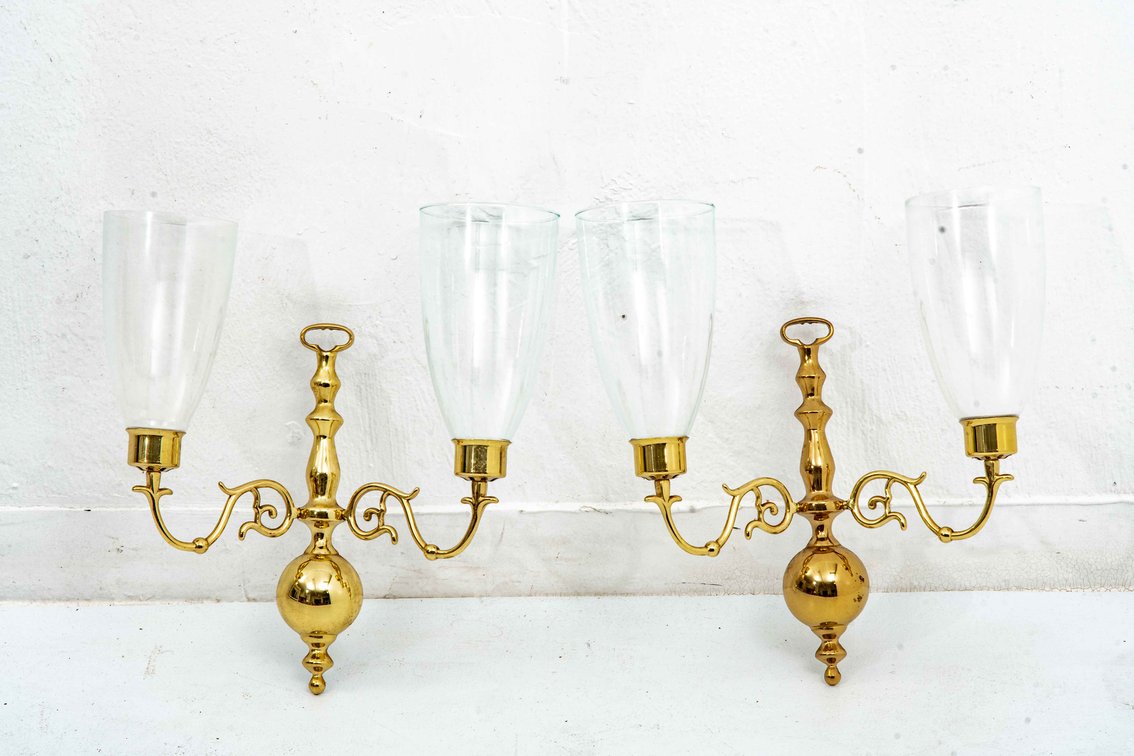 2- Brass 2 Arm Wall Sconces With Glass Chimneys