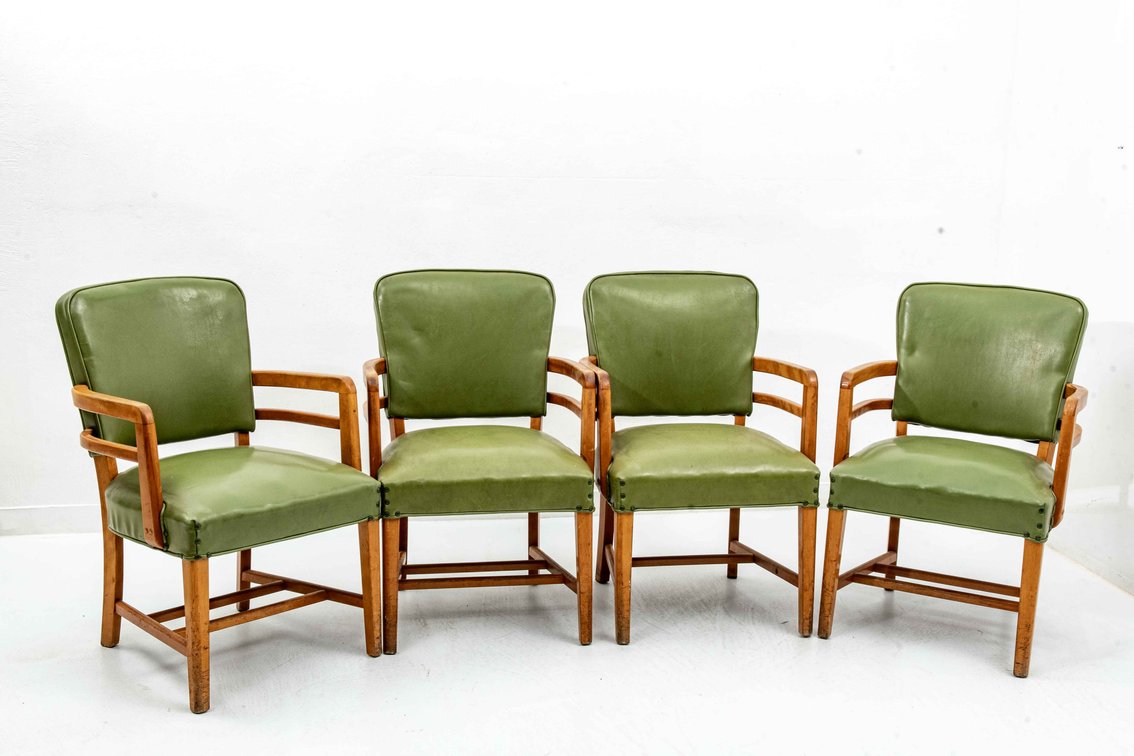 4 Green Vinyl Upholstered Arm Chairs